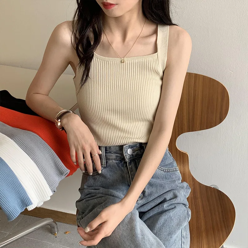 

Real Shot Summer Korean Style Solid Color Short Inner Vest Sweater Women's Base Shirt Base Small Sling Tops Outerwear