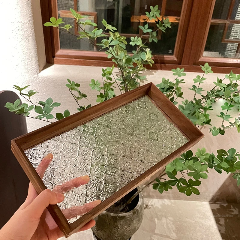 

Vintage Wooden Glass Tray Begonia Embossed Tempered Tea Tray Breakfast Tray Walnut Coffee Tray Home Decor