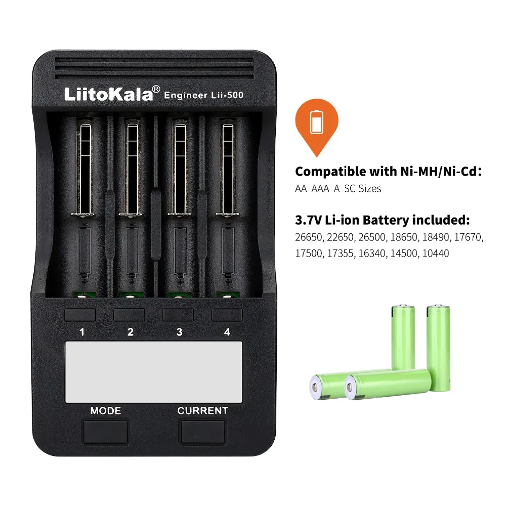 

Зарядное устройство LiitoKala Lii500 LCD, для зарядки батарей 3,7 В/1,2 В, 18650, 26650, 16340, 14500, 10440, 18500, с дисплеем, + адаптер для Lii500 12 В, 2 А/5 В, 1 А