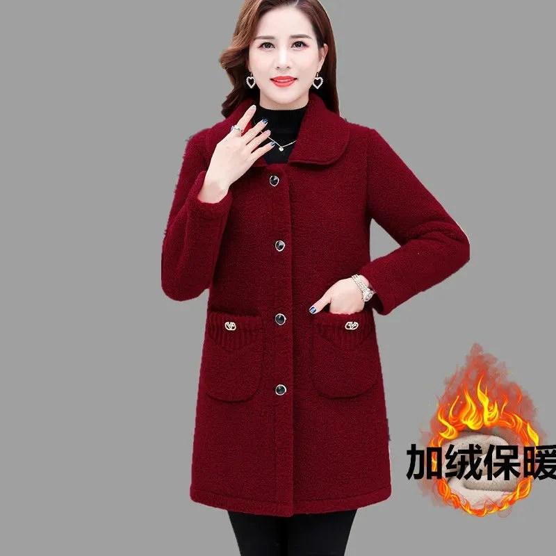 Oversized XL-6XL Mom Thick Warm Lambwool Fur Grain Fleece Coat Women Mid-Length Loose Jacket Fashion Turn-Down Collar Plush Top