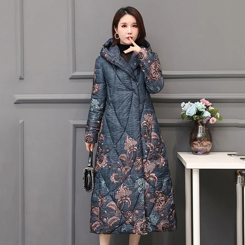 Chinese Style Women's Winter Down Cotton Jacket X-long Printing Loose Thick Outwear Hooded Loose Covered Button Female Parka