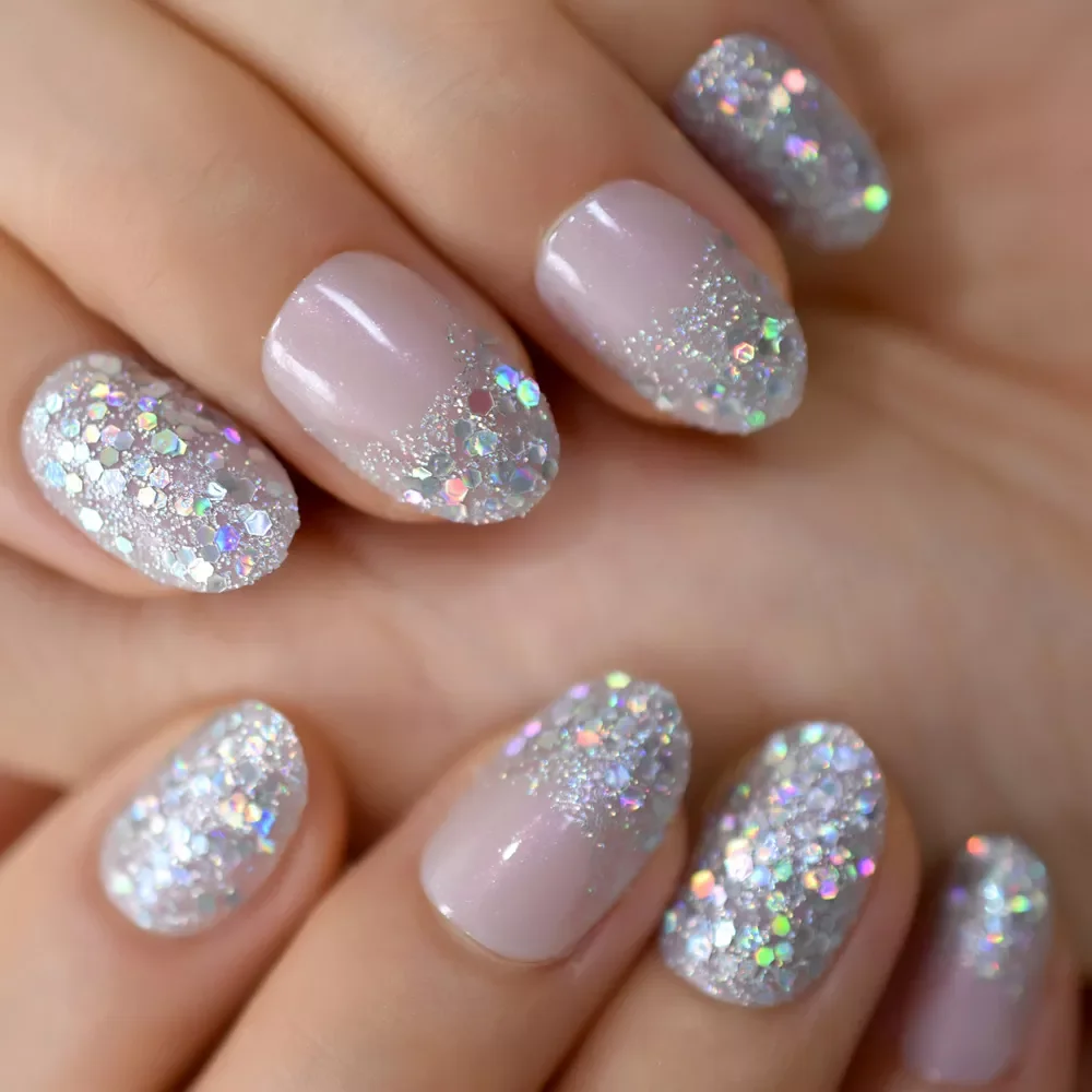 

Silver Glitter Press On Nails Short Style Daily Wear Nude Pink Lady False Nails Oval Shape Nail Art Tips