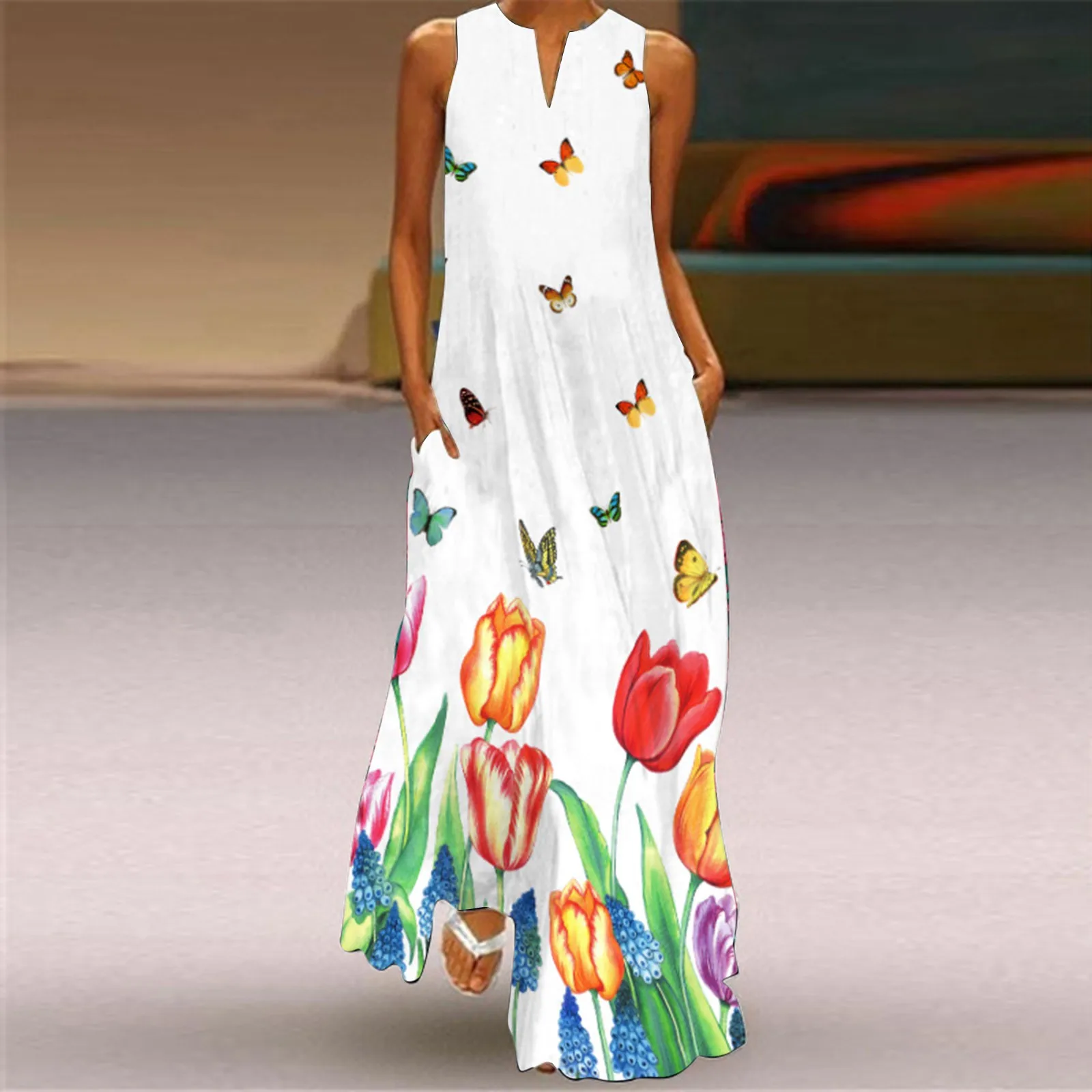 

Women Summer Long Dress Casual Sleeveless Butterfly Floral Print Elegant V Neck Maxi Dress Boho Beach Sundress Party Robe Femme
