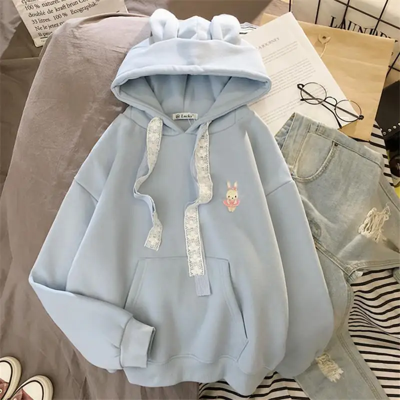 

Милые женские толстовки в стиле Харадзюку с ушками кролика, милые корейские модные женские пуловеры, милые толстые зимние пуловеры в стиле преппи в стиле "Лолита"