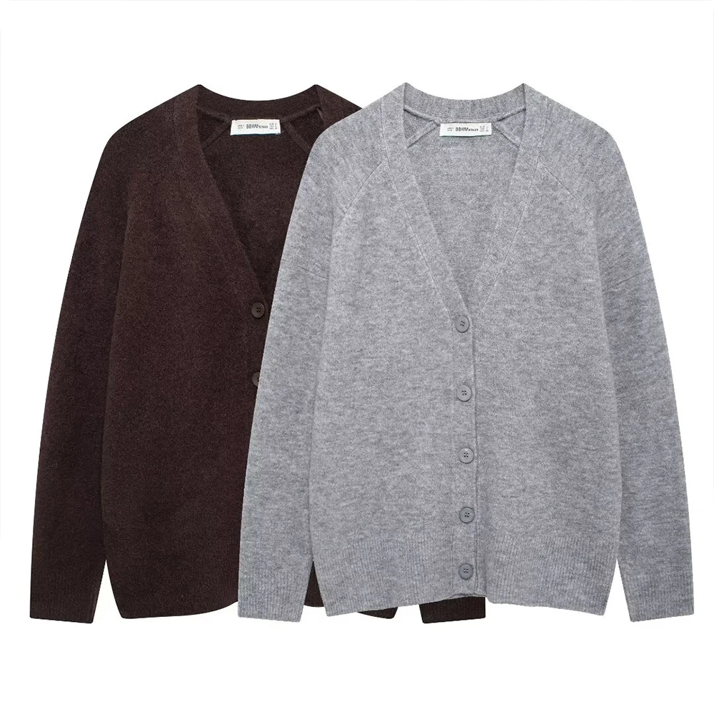 Женский Коричнево-серый Двухцветный Однобортный Вязаный Кардиган С V-образным