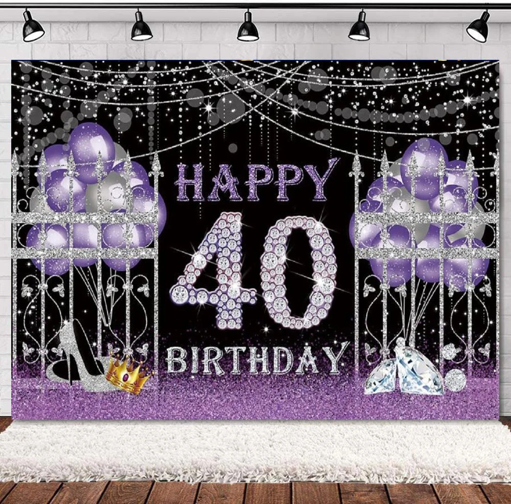 

Happy 40th Birthday Photography Backdrop Decor Supplies For Women Purple Black Glitter Background Banner Poster Diamond Balloons