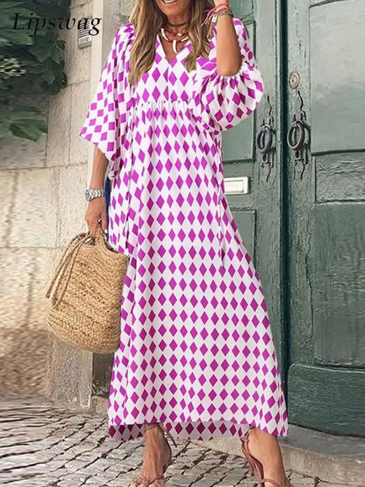 

Summer Elegant Lantern Sleeve Party Dress Autumn Casual Fashion Rhombus Loose Hem Beach Dress Women Sexy V Neck Boho Long Dress