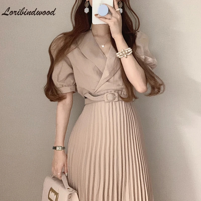 

2022 новый летний костюм Французский темперамент галстук Талия для похудения пышные рукава плиссированное платье с поясом женское Бохо длинное платье макси