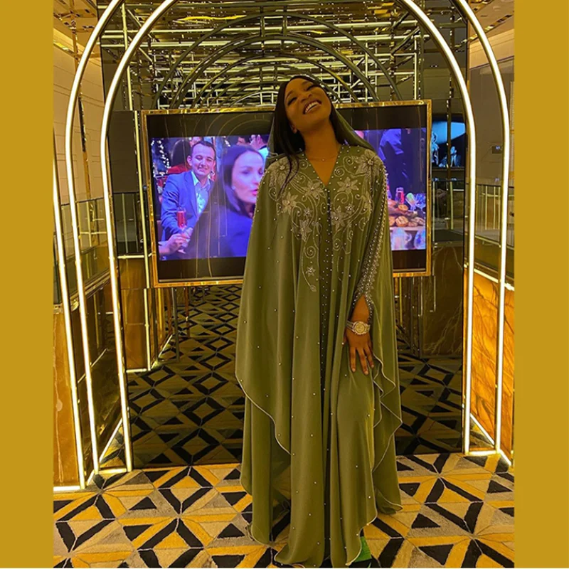 

Женское платье, новинка 2023, свободное темно-зеленое платье из двух частей, украшенное бисером, для африканских женщин