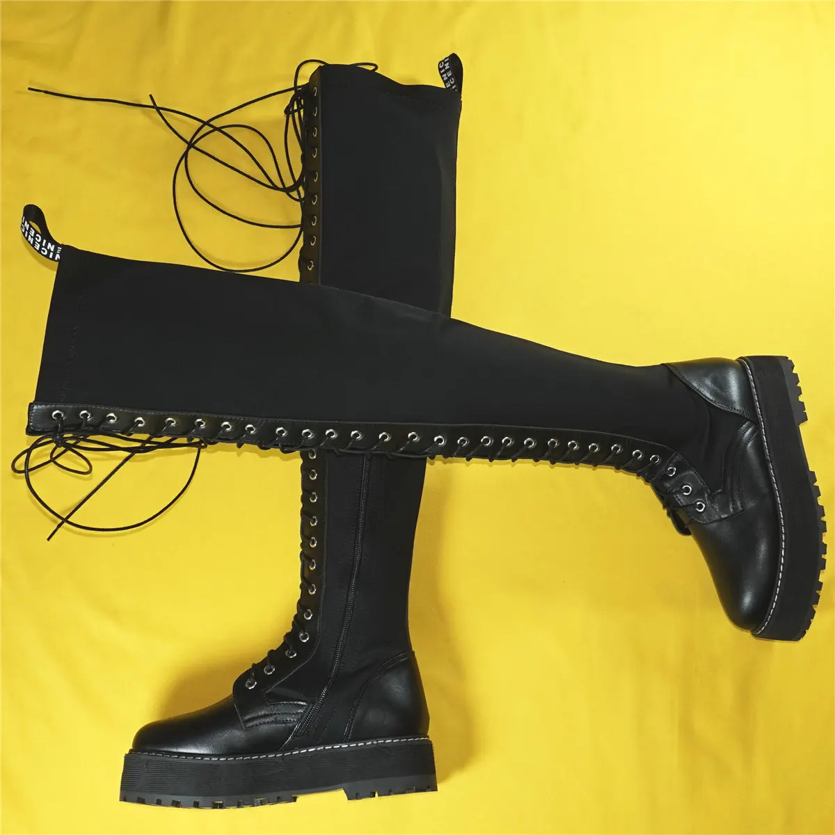Black Fashion Sneakers Women Lace Up Stretch Fabric Over The Knee Thigh High Boots Female Round Toe Platform Pumps Casual Shoes