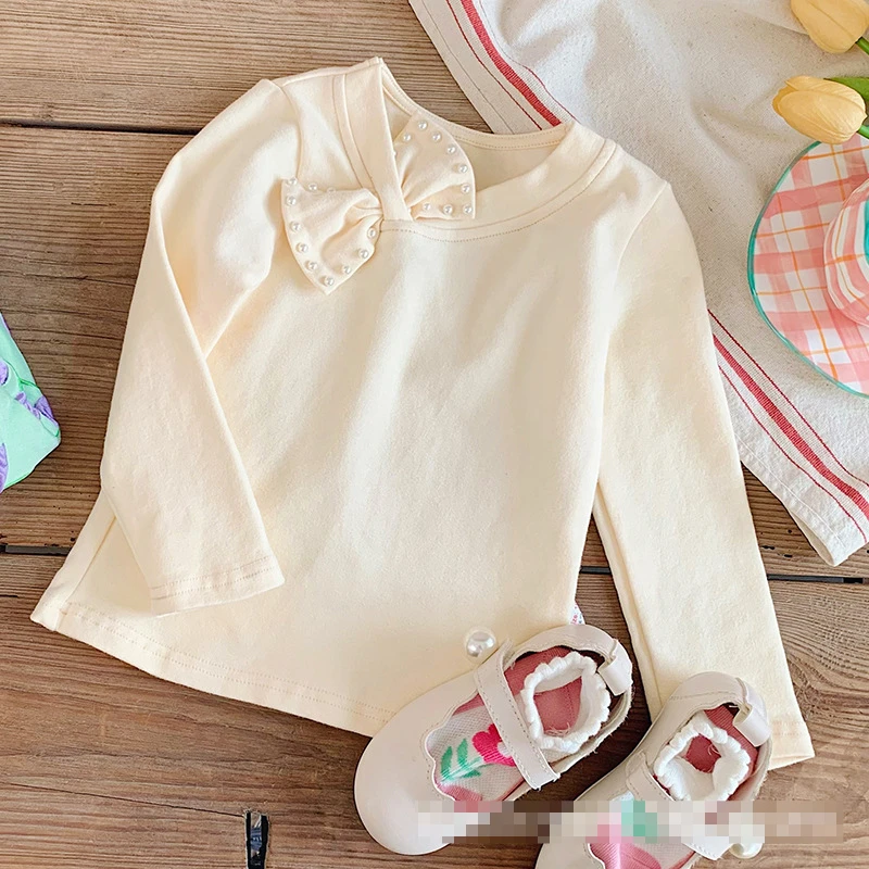 RiniLucia 2022 Autumn Baby Toddler Children Clothing Princess Girls Bowknot Pearl Long Sleeve Girl Cotton Shirt Kids Tops