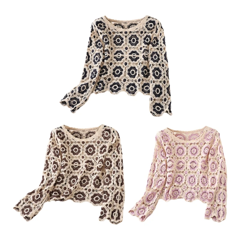 

Women's Crochet Blouses Long Sleeves Knit Tops Fashion Color Block Pullovers Ins