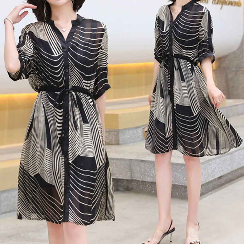 Женское винтажное платье-рубашка свободное милое платье средней длины в полоску