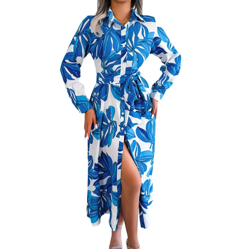 

Women Boho Button Shirt Dress Evening Party Spring Autumn Clothes Elegant Floral Long Sleeve Dress with Belt Streetwear