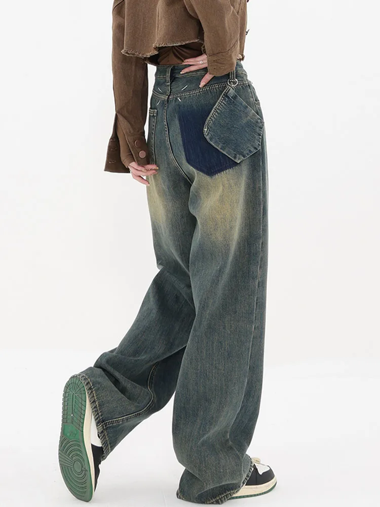 

Женские свободные брюки с карманами, асимметричные джинсовые брюки, уличная одежда, женские мешковатые джинсы составного кроя с широкими штанинами, прямые шикарные джинсы с завышенной талией, Y2k