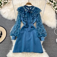 fashion runway spring autumn mini dress womens beading bow neck long sleeve ruffles lace embroidery vintage party vestidos