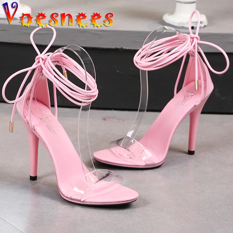 

Korean Style Chain Decoration Sandals Transparent One Word Strap Lace-Up Walk Show Super Thin High Heels Sexy Party Women Shoes