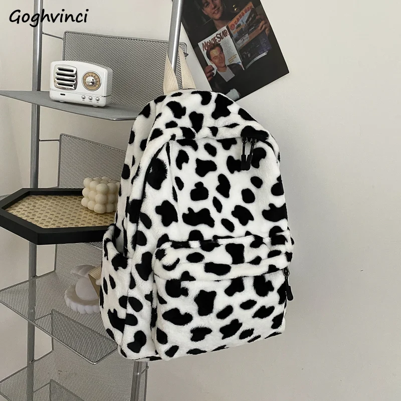 

Cow Pattern Backpacks Women Plush Lovely Velour School Book Bag Students Kawaii Fluffy Zipper College Girls Packbag New Korean