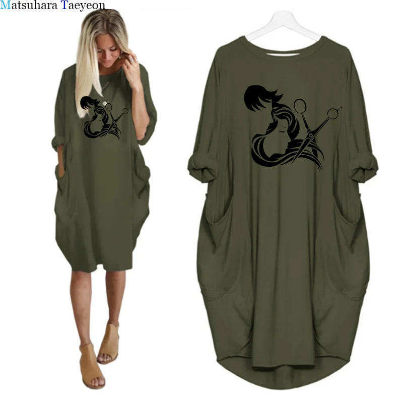 

Высокое качество Парикмахерская одежда с принтом для женщин асимметричное платье с длинными рукавами женское повседневное женское платье