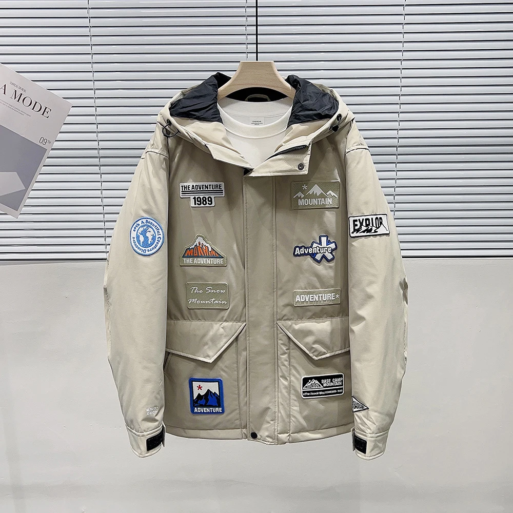 

Новинка, зимние уличные пуховики firmранчо с многослойной вышивкой для мужчин и женщин, плотное кремово-белое пуховое пальто средней длины с ...