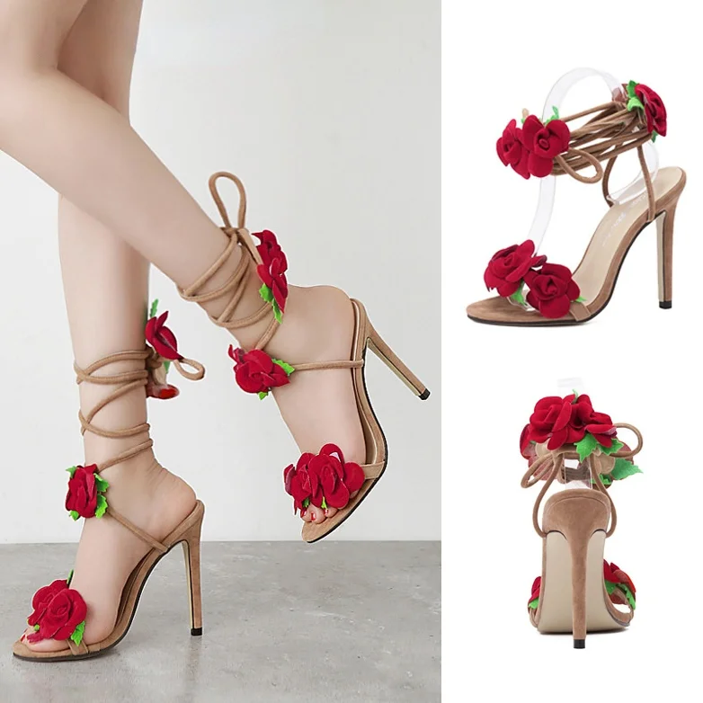 

Женские босоножки на высоком каблуке, туфли-лодочки большого размера с открытым носком и шнуровкой, привлекательные сандалии с розовыми цв...