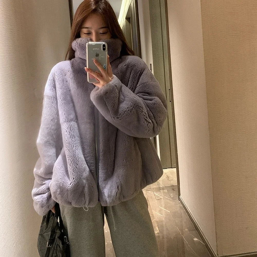 Women's Plush Coat Stand-up Collar Warmth and Thick New Youth Imitation Rex Rabbit Fur Fashion Western Style Imitation Fur Coat
