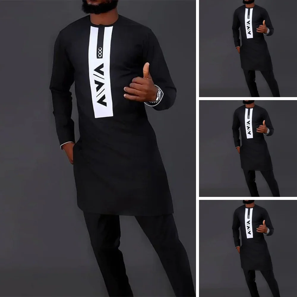 African Men's Tops and Bottoms 2 Pieces Outfit Set For Men No Cap Shirt Pants Suit Long Sleeves Shirt Chemise Homme 2022 Summer