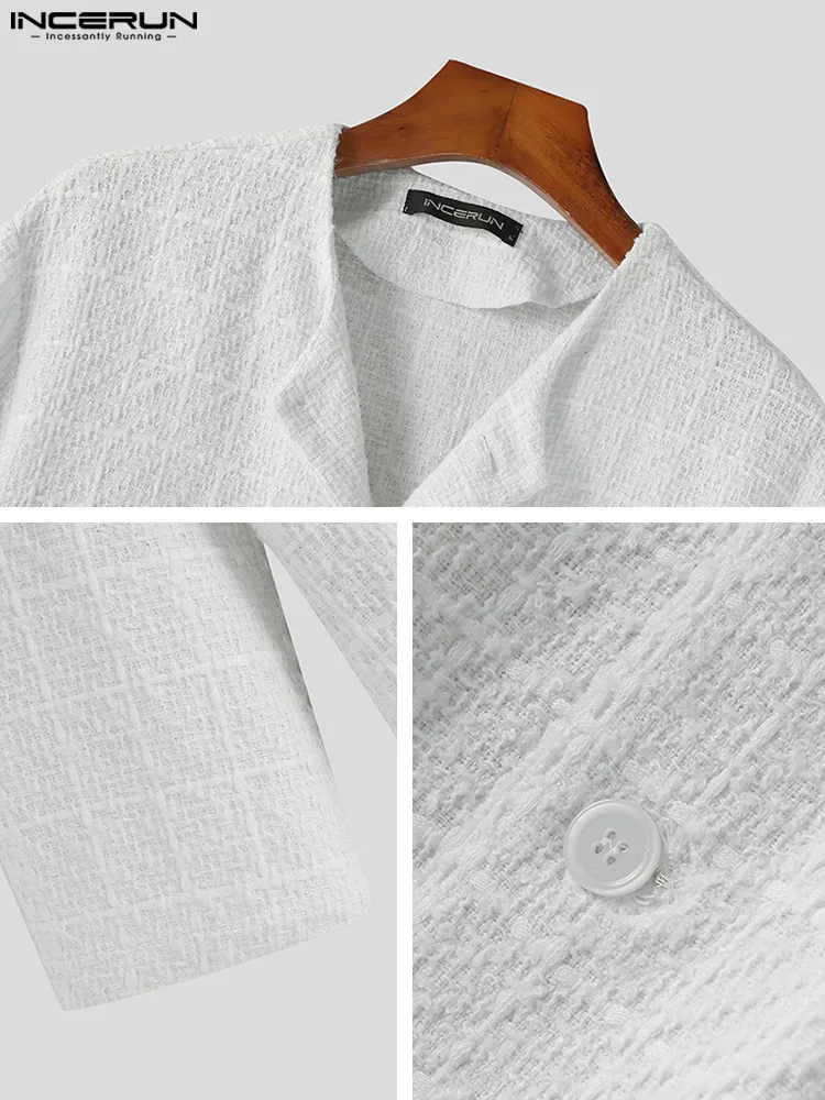 INCERUN Tops 2022 Korean Style Men's Short Solid Color Collarless Shirts Casual Streetwear Male Long Sleeve Buttons Blouse S-5XL