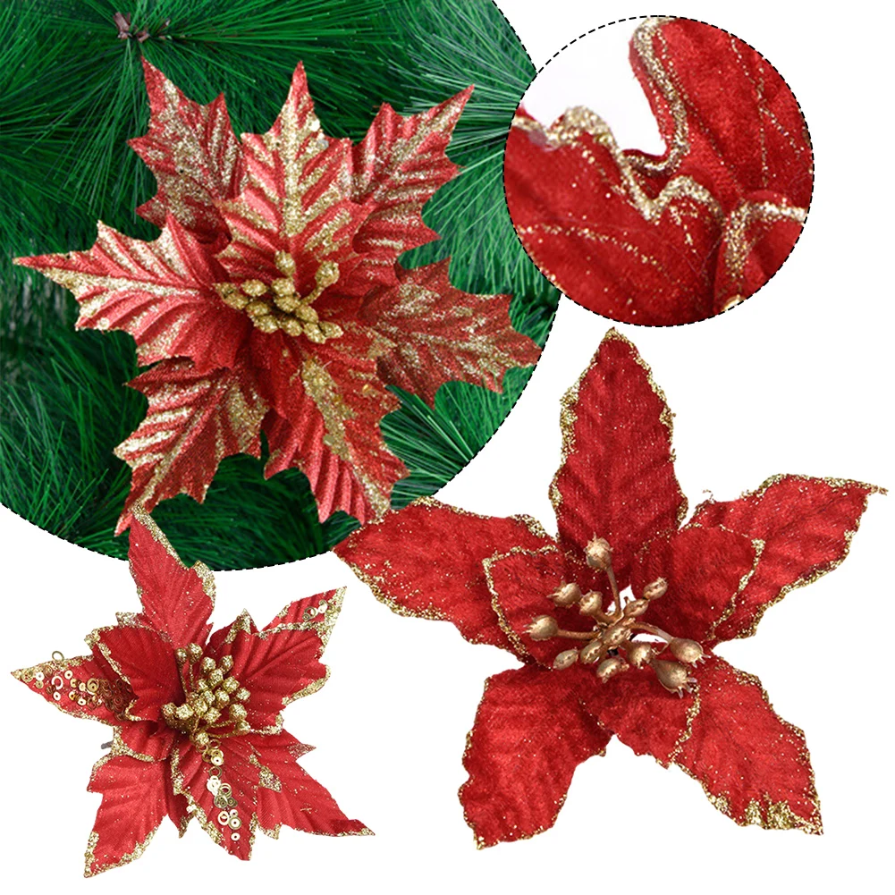 

1pc Large Glitter Artificial Flowers Christmas Poinsettia Floral Xmas Tree Ornaments DIY Garlands New Year Wedding Party Decor
