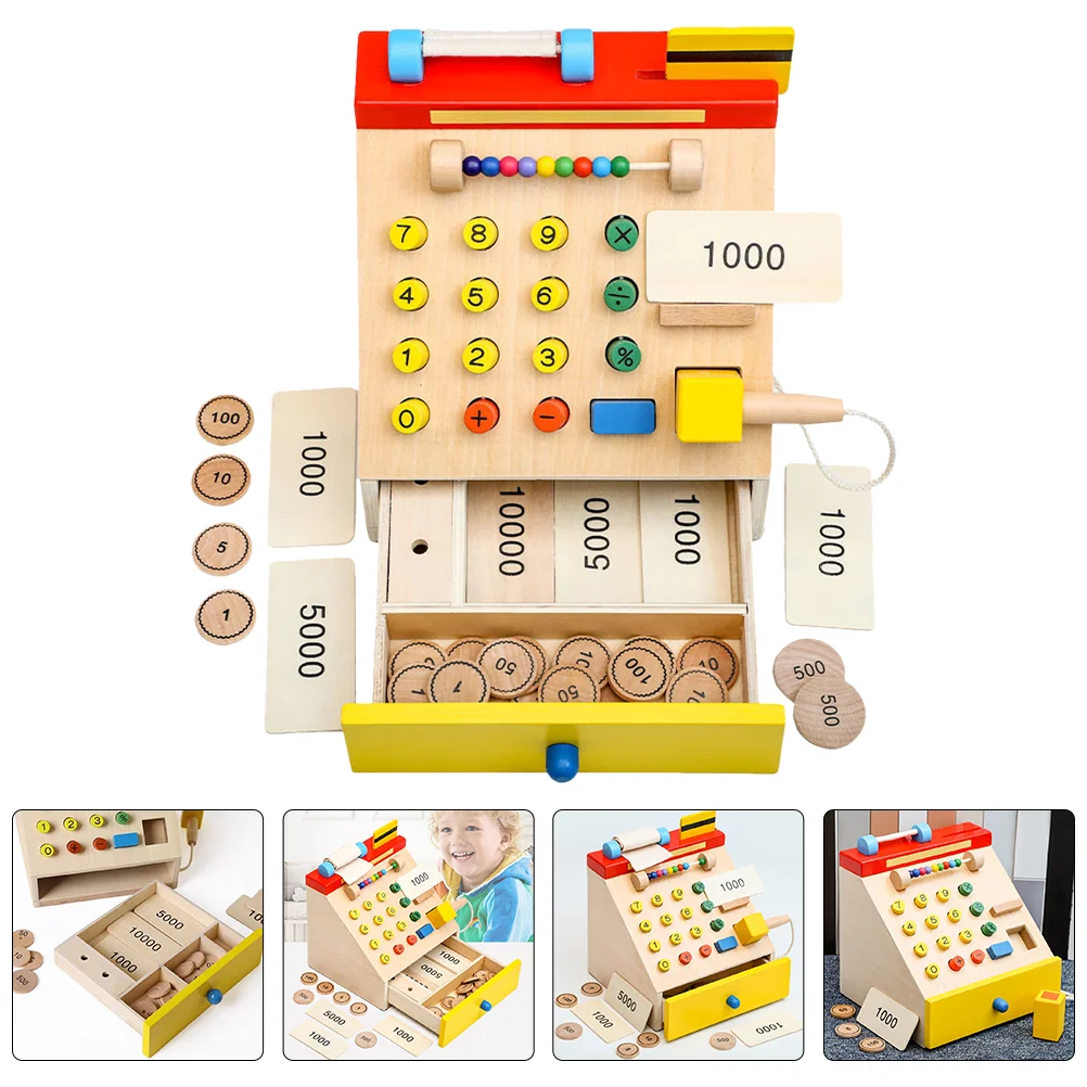 

Cash Register Kids Toy Play Toys Role Pretend Toddlers Wooden Counting Educational Learning Calculator Game Prop Grocery Money