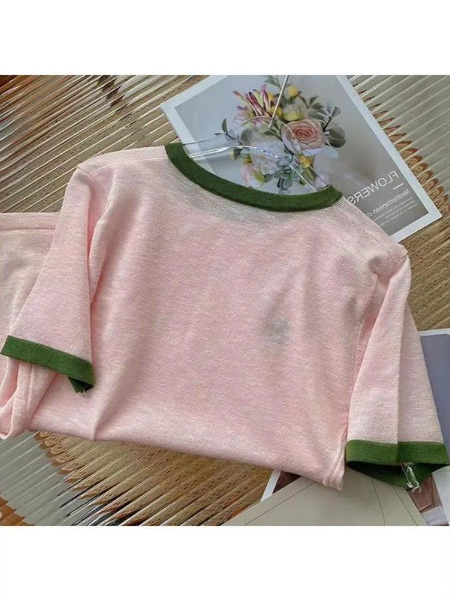 Женская футболка новинка 2024 европейские товары вязаная шелковая рубашка с