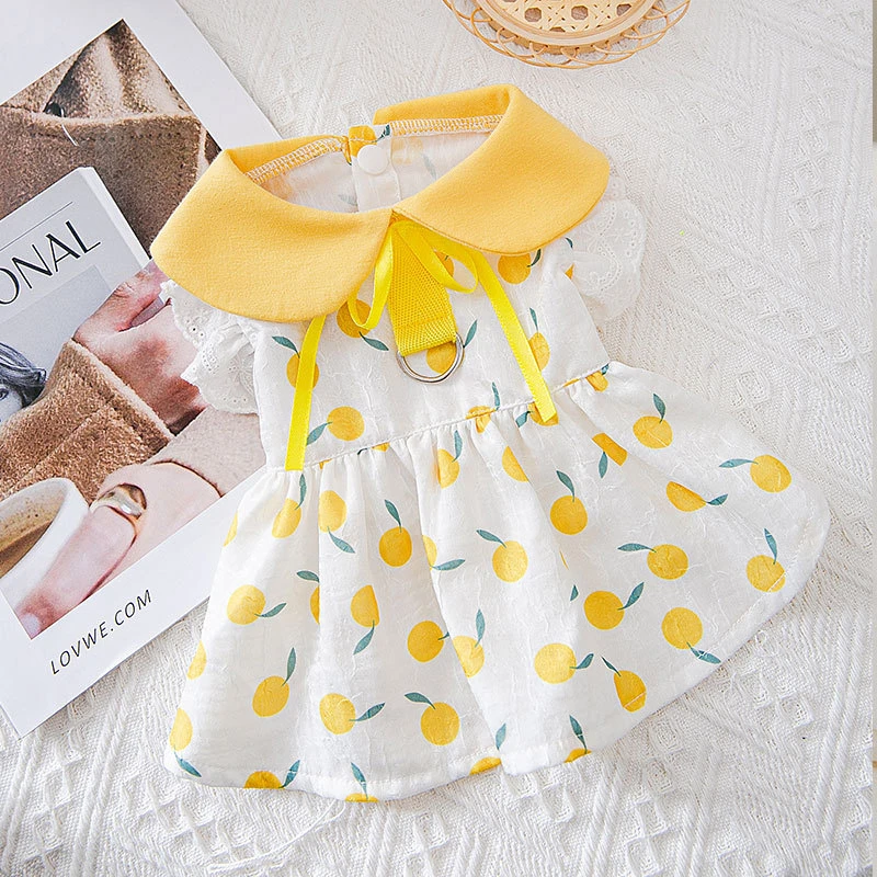 

Breathable Summer Dresses for Small Dogs Cartoon Lemon Print Cat Clothing Bow Tie Modern Cotton Female Skirt Puppy Pet Clothes