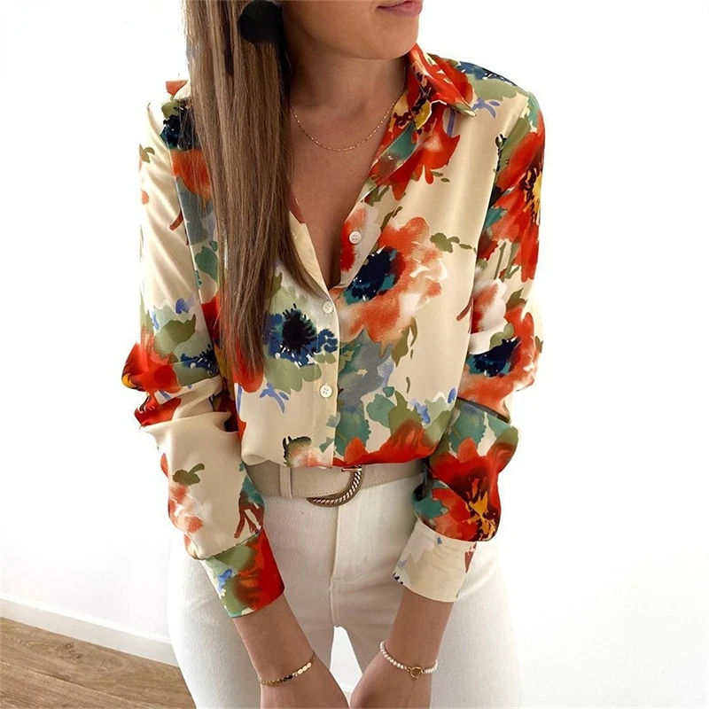 Ladies Retro Shirts Turn-down Collar Women Tops Long Sleeve Tshirt Lapel Plus Size Tee Elegant Print Spring Casual Office Blouse