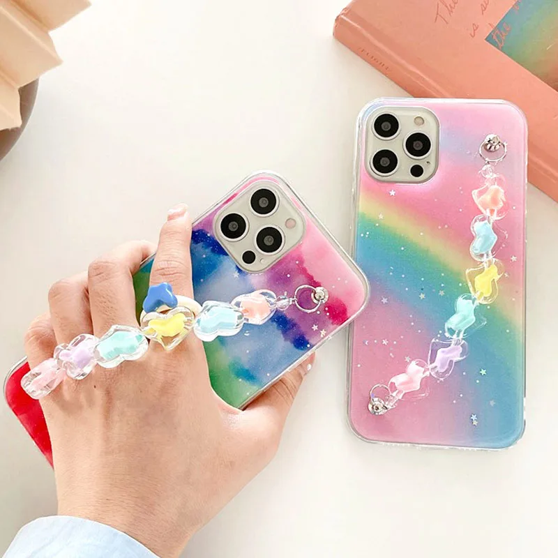 Блестящий чехол для телефона со звездами радугой сердцем цепочкой конфет iPhone 13