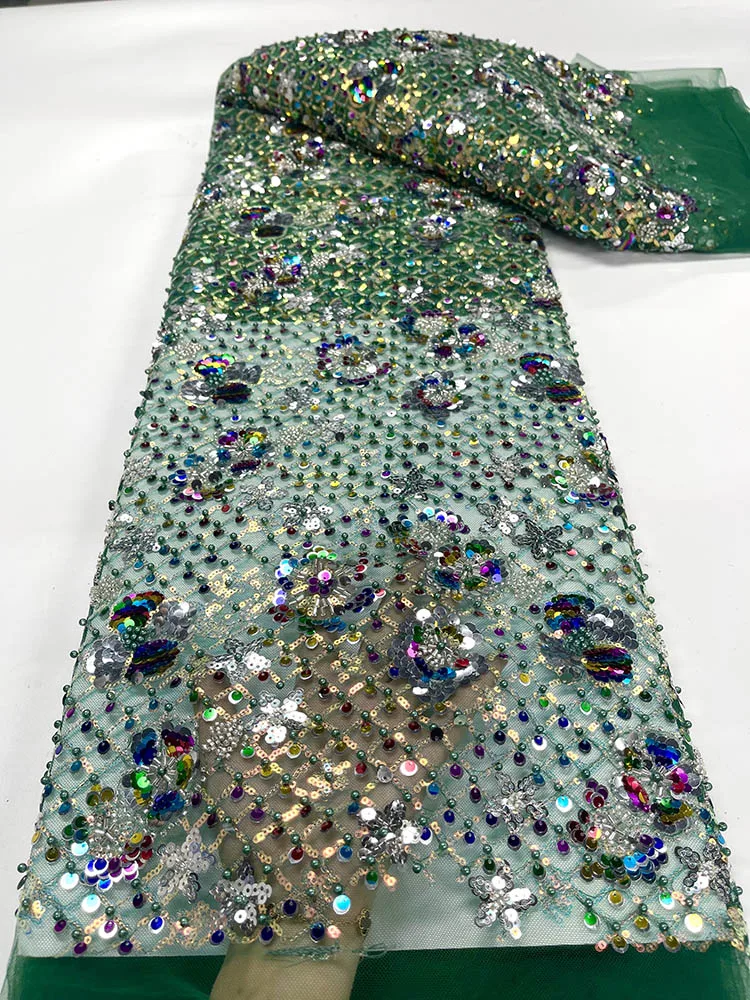 

Зеленая африканская Тюлевая кружевная ткань с блестками 2022 Высококачественная нигерийская французская сетчатая кружевная ткань с жемчуго...