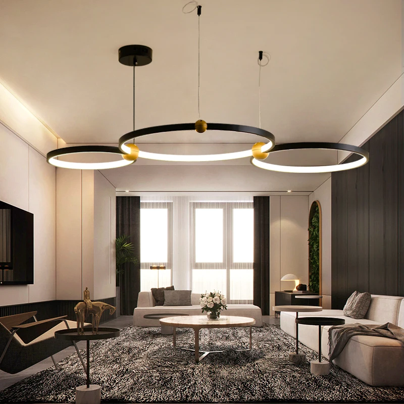 

SANDYHA Pendant Light Black Multi Ring Combination Chandelier Iron Art Led Lamp for Living Room Decor Indoor Lighting Fixtures