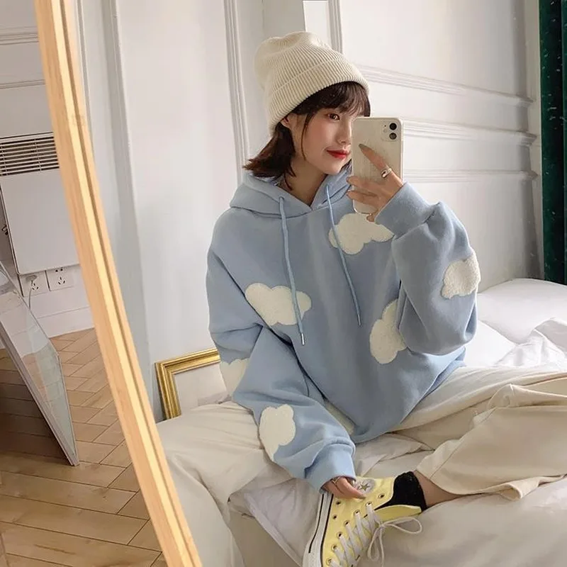 

2022Korean Three-dimensional Blue Sky and White Clouds Loose Hoodie Women's Fashion Velvet Warm Sleeve Long Sleeve Casual Hoodie