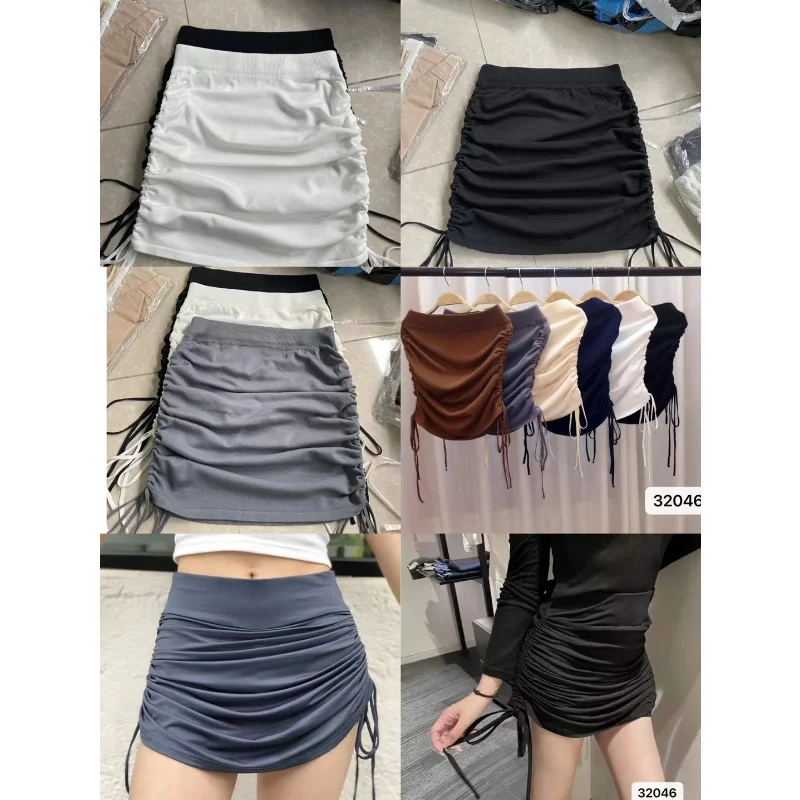 Solid Color Bow 2023 Summer Slim-fit Pleated Skirt Mini New High Waist Drawstring Elastic Sexy Bag Hip Skirt Women Yoga