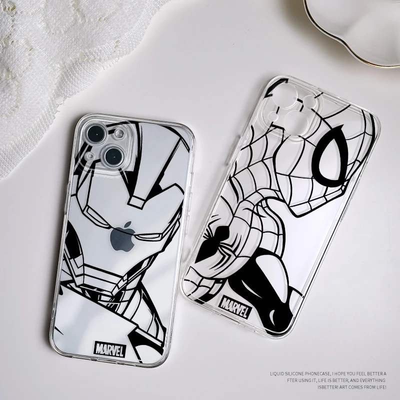 Marvel Iron Man Spiderman Case For iPhone 11 12 13 Pro Max XR XS X 6s 7 8 Plus SE 11 12 Mini Luxury Cover Clear transparent