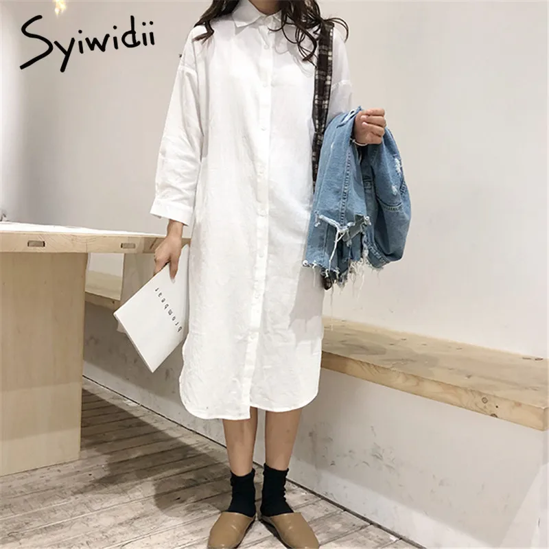 Syiwidii White Shirt Dress for Women Linen Cotton Clothing 2022 Spring Summer Casual Vintage Oversized Pure Long Midi Dresses | Женская