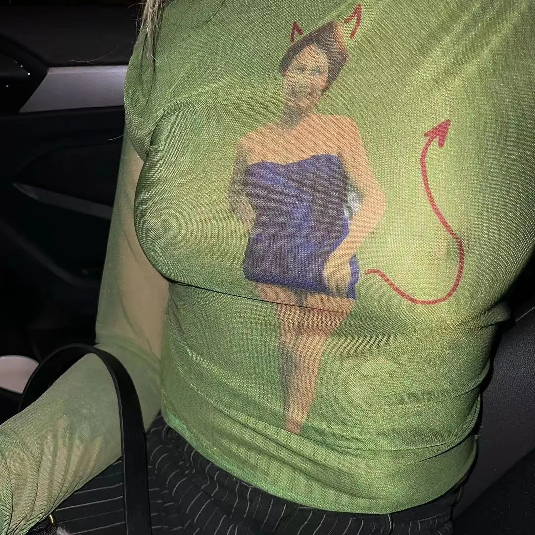 

Ladies Summer Autumn Mesh Tops Women Leisure Style People Printing Long Sleeve Round Collar Slim T-shirt Base Shirts