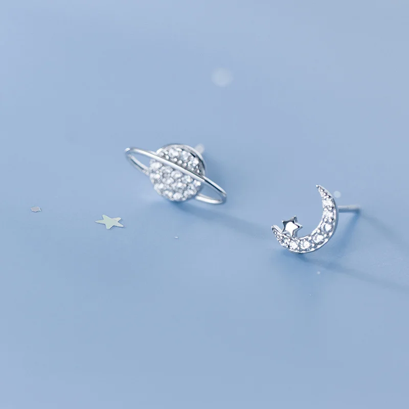 

Minimalist Planet Moon Small Earrings Zircon Korean Fashion Chic Asymmetrical Stud Earrings Girls Party Jewelry For Women