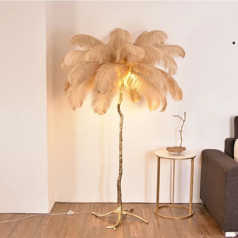 

Nordic Luxury Copper Resin Background Feather Floor Lamp Bedroom Bedside Living Room Indoor Home Decor Branch Standing Light