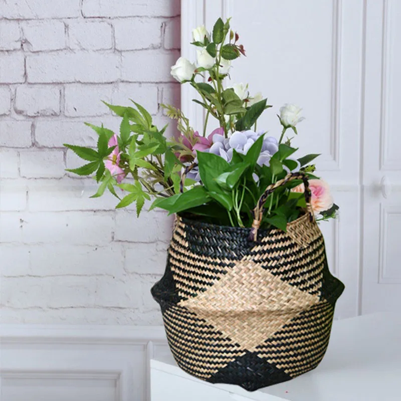 

Foldable Handmade Bamboo Storage Baskets Laundry Straw Patchwork Wicker Rattan Seagrass Belly Garden Flower Pot Planter Basket