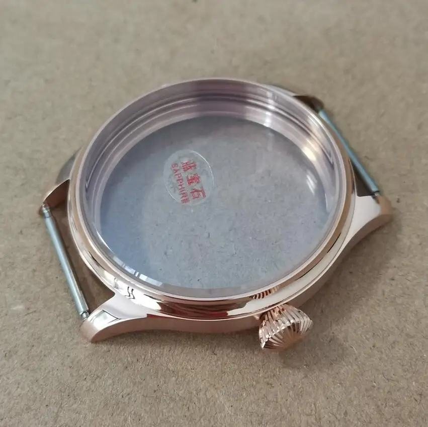 

Rose gold 44mm 316L Stainless steel watch case Diamond shaped crown sapphire Suitable for ETA6497 Seagull ST36 movement