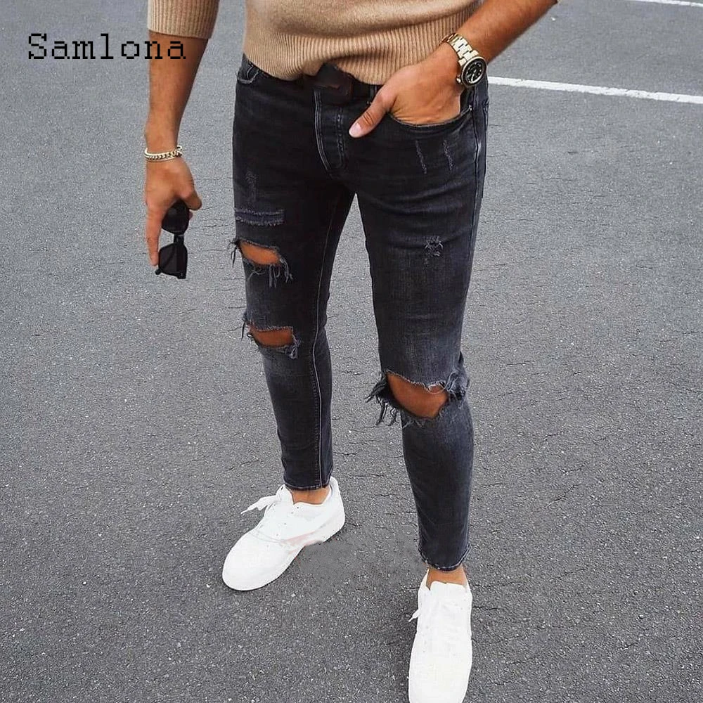 Samlona Plus size Men Sexy Jeans Hole Ripped Denim Pants Casual Pantalon Mens Demin Clothes 2022 European Style Fashion Trousers