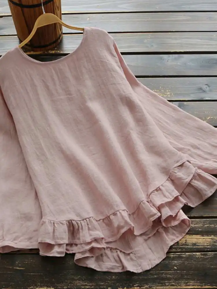 

ZANZEA Oversized Spring Ruffles Blouse Women Casual Solid Long Sleeve Vintage Coton Work Tunic Tops Shirts Female Blusas Chemise