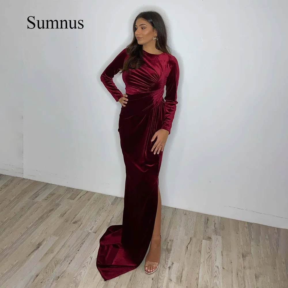 Sumnus Burgundy Velvet Mermaid Evening Dresses Robe de Soiree Long Sleeve Pleats Velour Side Split Elegant Evening Party Gowns