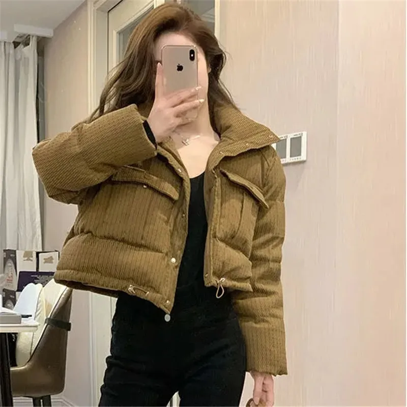 Fashion Stand Collar Coat Women Loose Casual Short Padded Jacket Winter Warm Vintage Elegant Chic Outerwear Korea Female Clothes