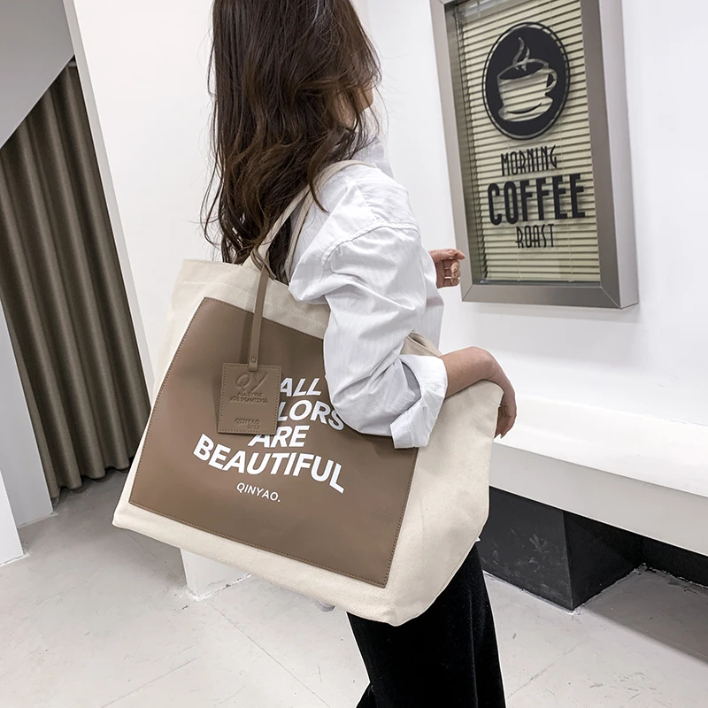 Women Canvas Shoulder Bag Letter Print Ladies Shopping Bags Cotton Cloth Fabric Grocery Handbags Tote Books Bag Bolso